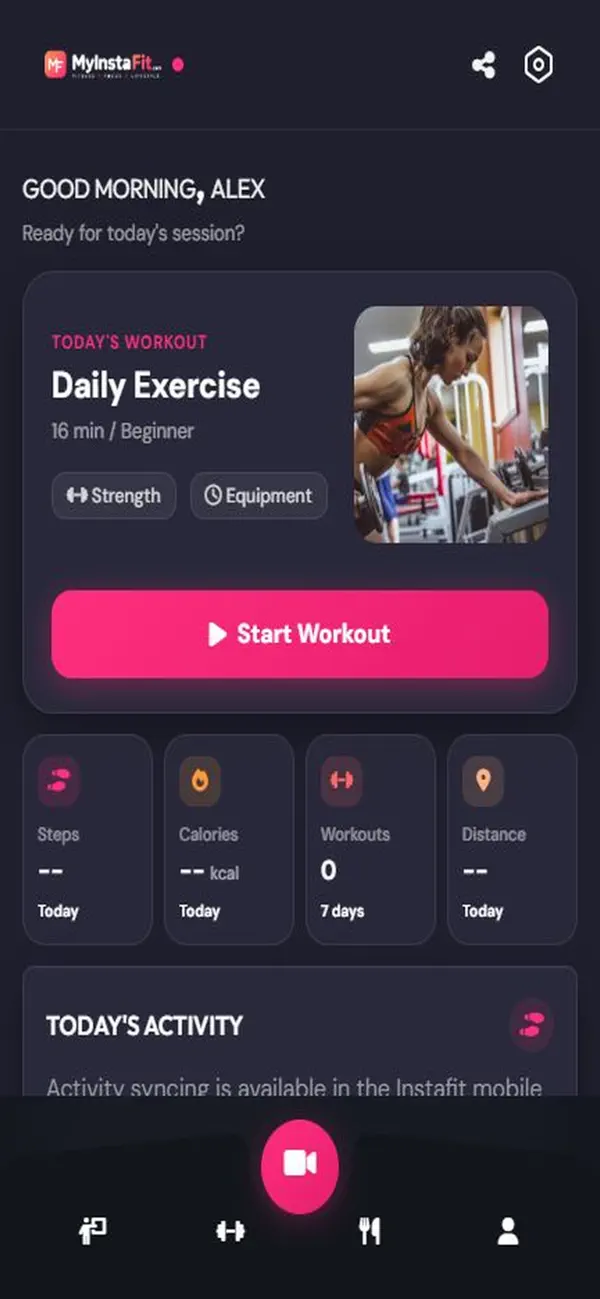 My InstaFit iOS dashboard with today’s workout and activity summary
