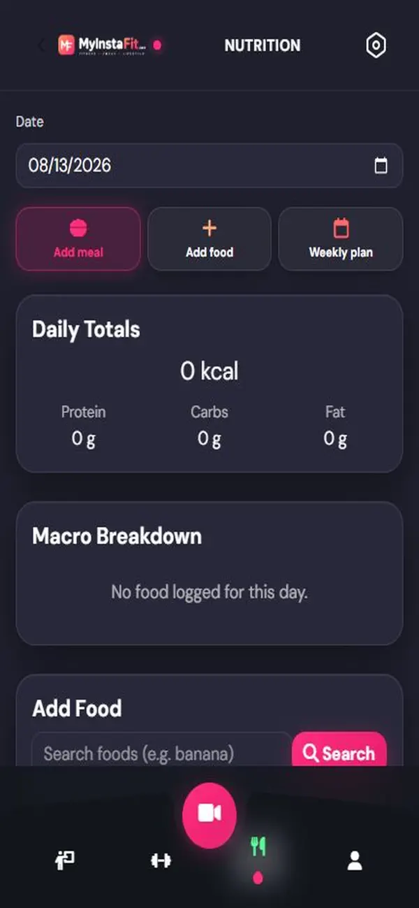 My InstaFit iOS nutrition page with meal entry, calories and macro totals