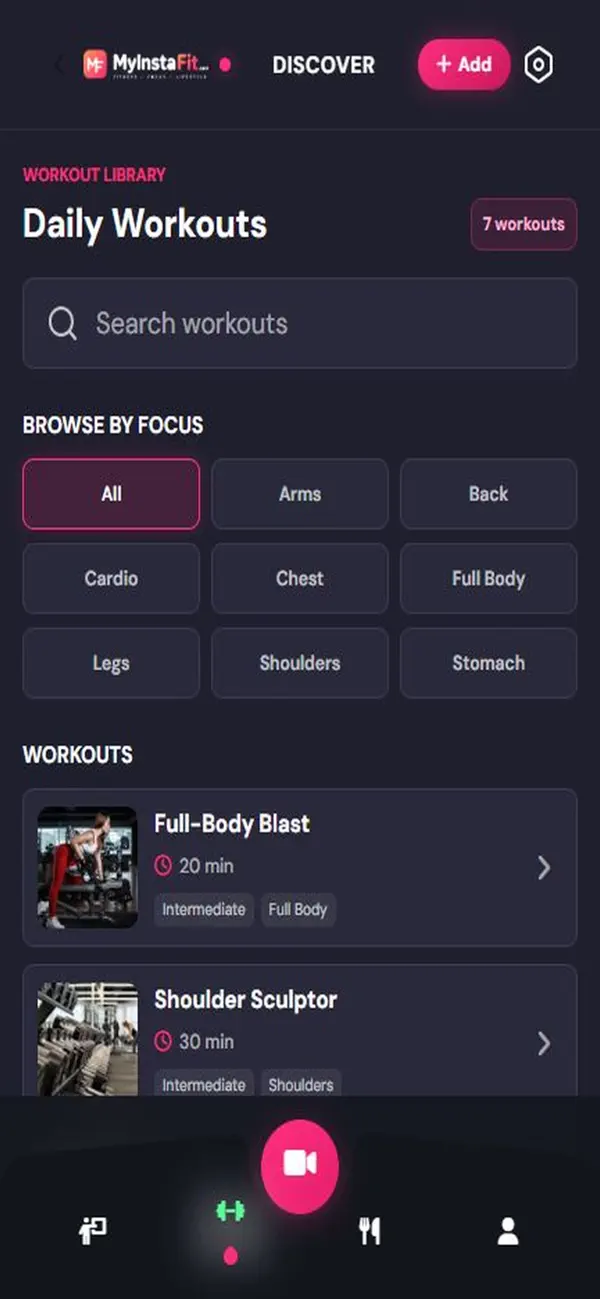 My InstaFit iOS workout library with search, focus categories and exercise cards