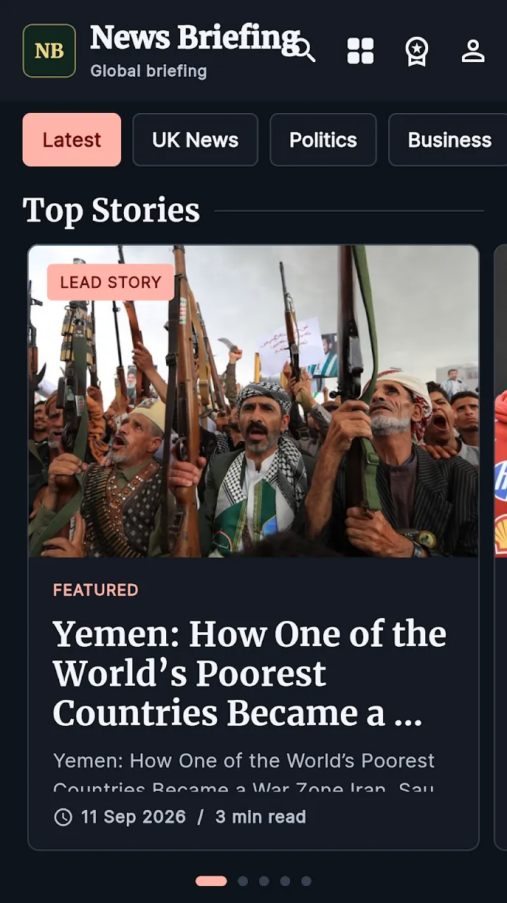 News Briefing Android headline feed with topic tabs and top stories