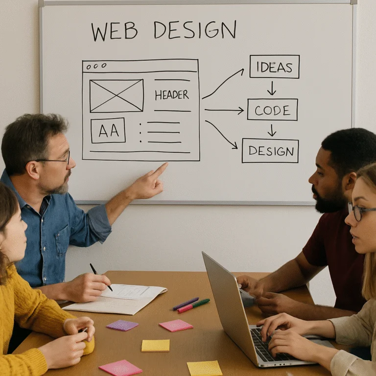 Article artwork showing a team discussing a website plan