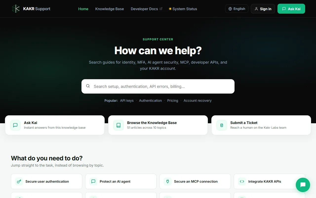 KAKR Support home page with a search box, popular topics and three routes: Ask Kai, Browse the Knowledge Base and Submit a Ticket