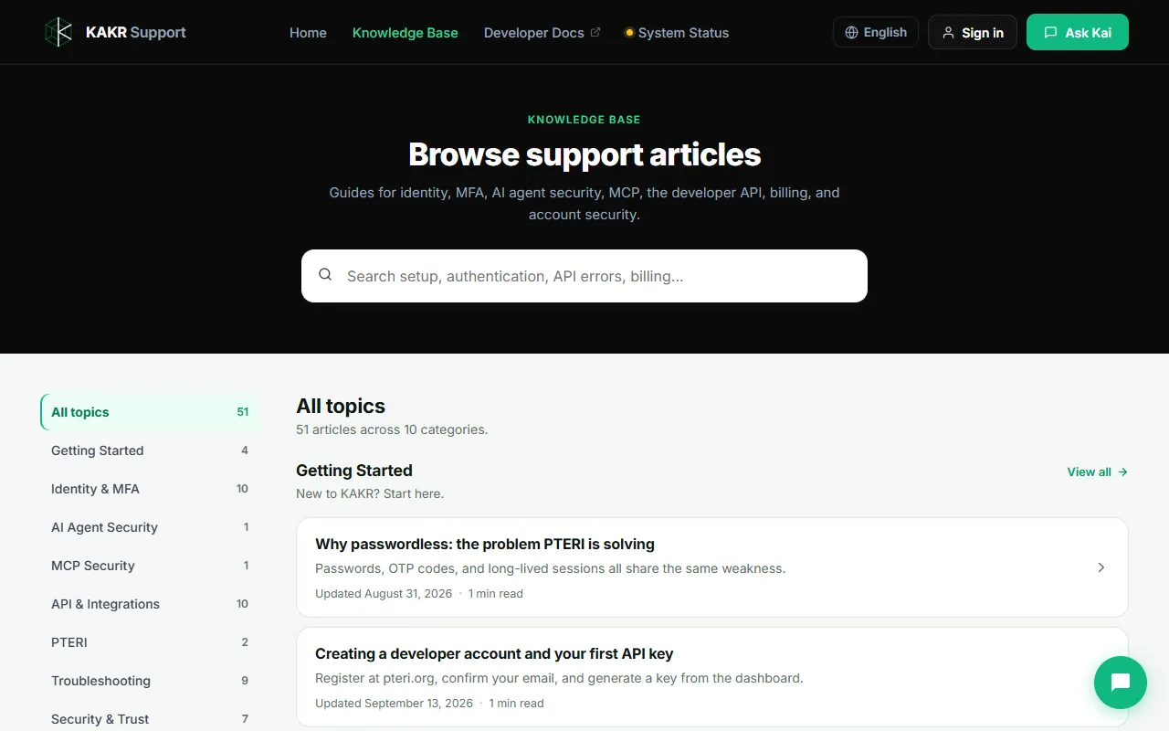 KAKR Support knowledge base listing 51 articles across 10 categories with counts, dates and reading times