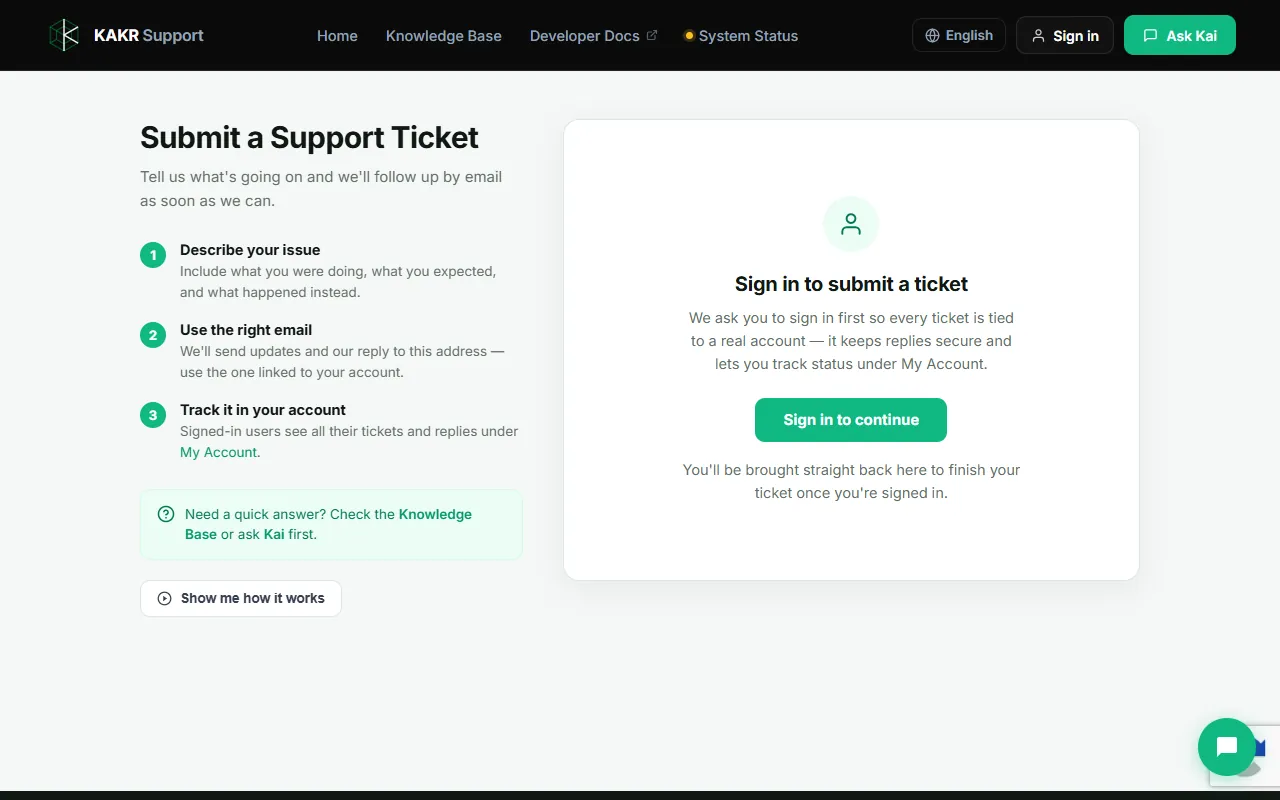 KAKR Support ticket page explaining three steps and asking the visitor to sign in so the ticket is tied to their account