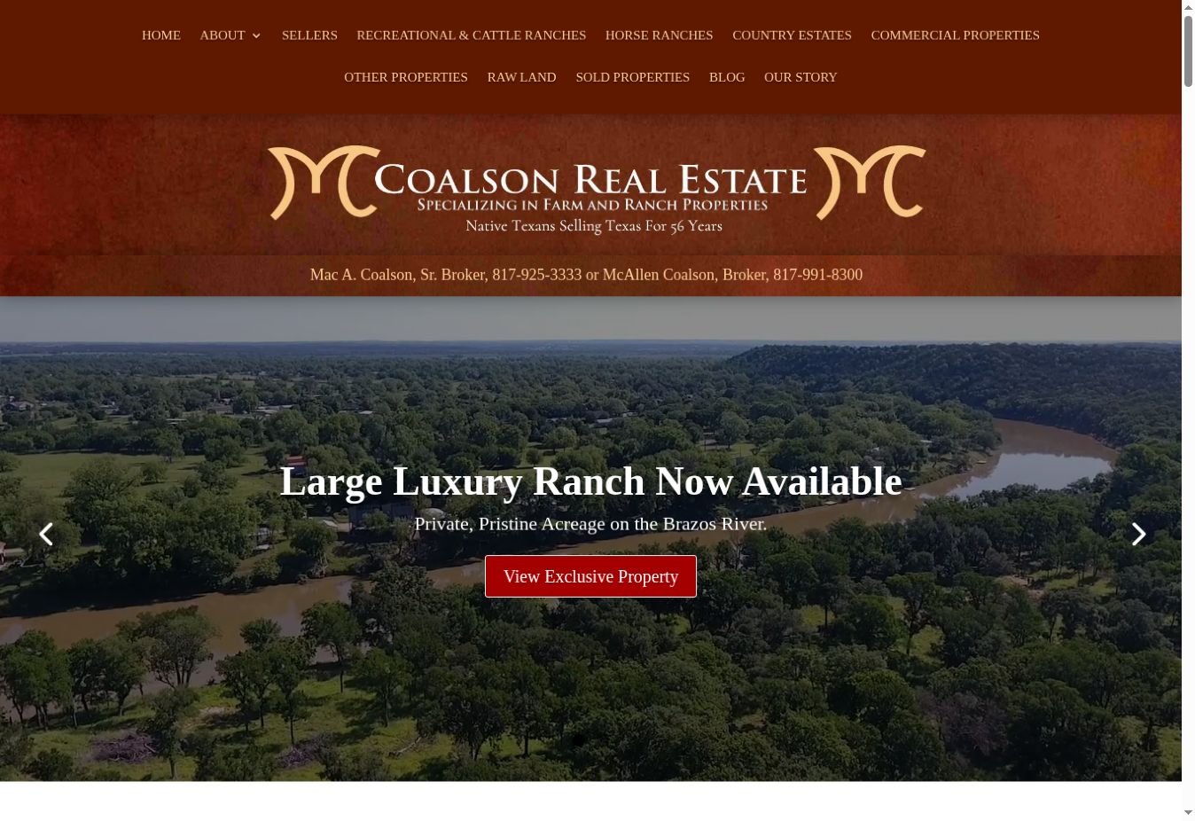 Coalson Real Estate homepage with its branding, property navigation and Brazos River ranch hero