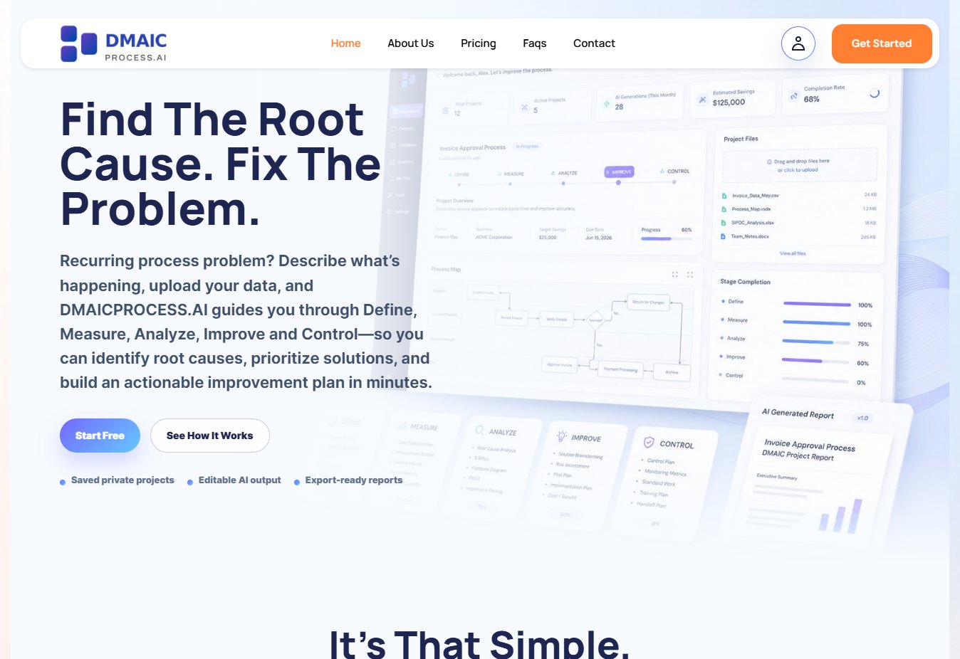 DMAICPROCESS.AI homepage: "Find the root cause. Fix the problem." beside a dashboard showing DMAIC stage progress and an AI-generated report