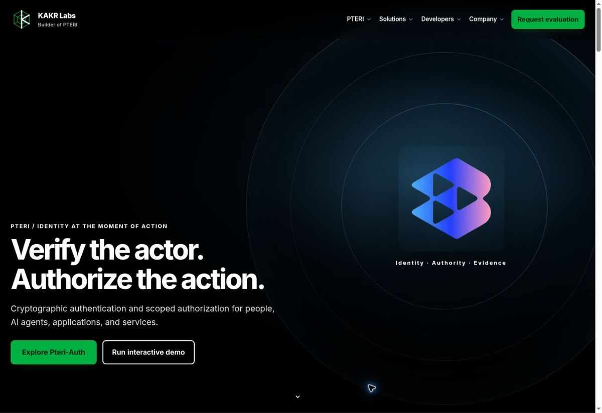 KAKR Labs homepage showing PTERI identity and authorization, navigation and product presentation